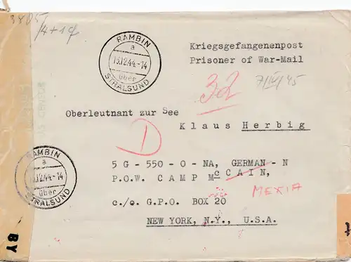 Zensur: 12.1944: Rambin/Stralsund nach New York - POW Camp