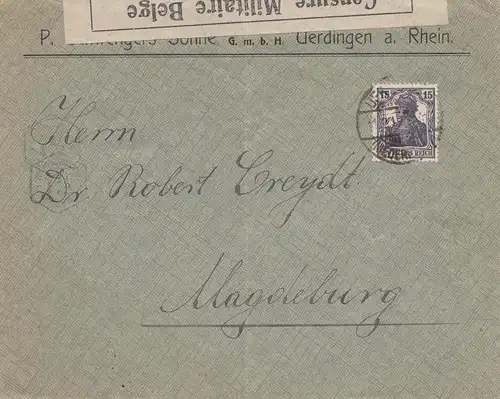Censure: 1915: Lettre d'Uerdingen/Rhein à Magdeburg: Cresure militaire