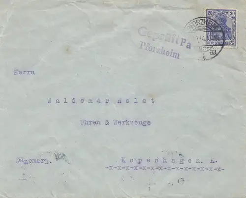 Zensur: 1914 Brief aus Pforzheim nach Kopenhagen-Geprüft Pa Pforzheim