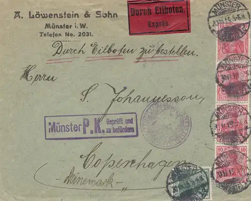 Zensur: 1919: Münster Eilboten nach Copenhagen - Münster Geprüft