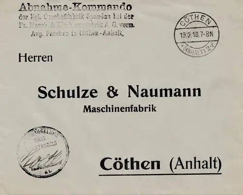 1918: Lettre d'Ots Cöthen: Commandement de la réception