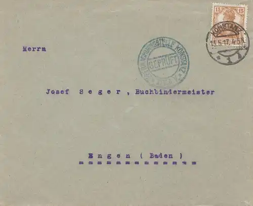 Zensur: 1917 Brief von Konstanz, Geprüft Konstanz
