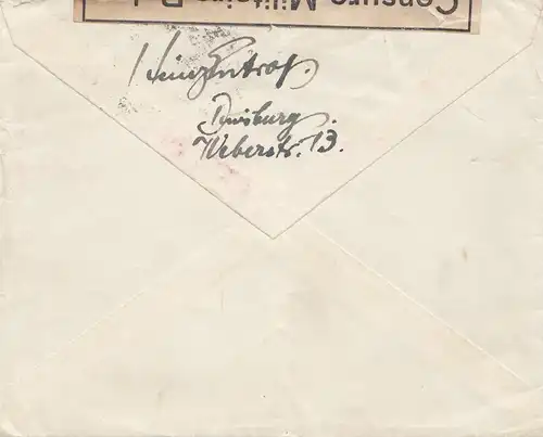 Censure: 1924: Lettre de Duisburg à Rückeburg, Consur militaire Belge