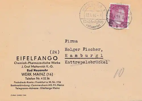 1945/46: Brief aus Mainz 03/45 nach Hamburg: Zustellung 1946