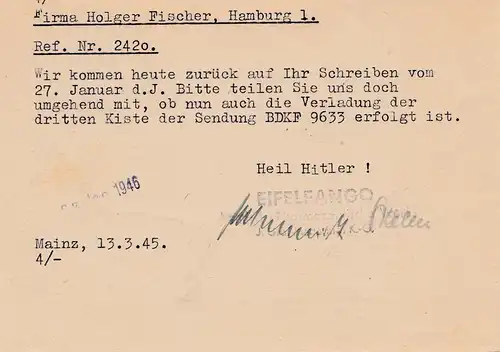 1945/46: Brief aus Mainz 03/45 nach Hamburg: Zustellung 1946