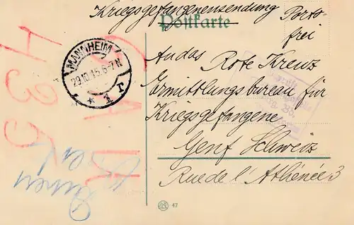 Censuration: 1915: Envoi de prisonniers de guerre de Mannheim en Suisse: Testé