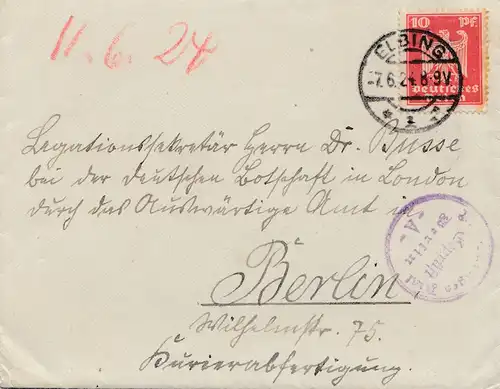 Zensur:1924: Brief von Elbing nach Berlin mit Inhalt. Geprüft