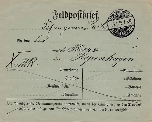 1915: Lettre de poste de Hirschberg à Copenhague