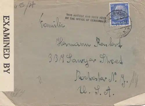 Censuration: 1941: Lettre de Fribourg Hasloch aux États-Unis: Hold by Censor jusqu'en 1945