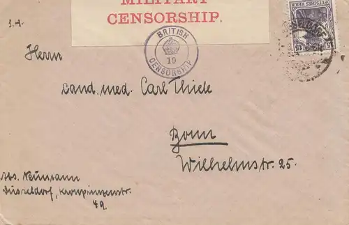 Censuration: 1918: Düsseldorf à Bonn avec censure britannique