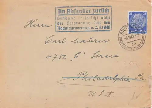 censure: 1941: Lettre de Stuttgart aux États-Unis: Retour de l'expéditeur
