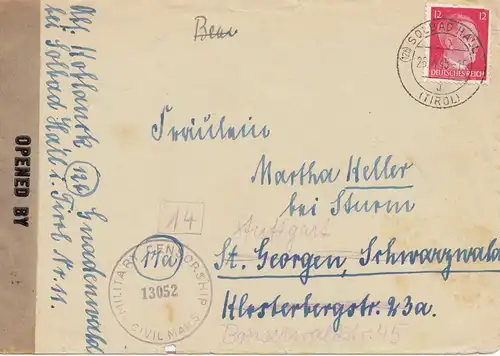 Zensur: April 1945: Solbad Hall nach Stuttgart: US Zensur