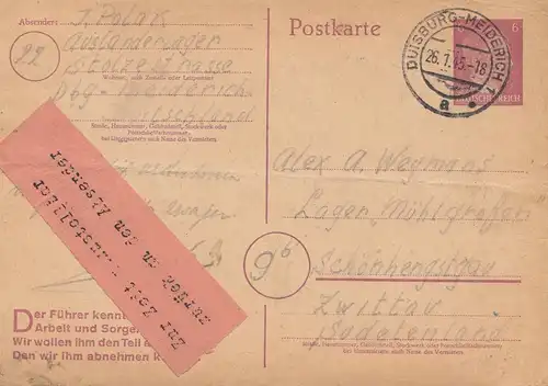 Censuration: Janvier 1945: Duisburg à Zwittau: impossible à faire actuellement
