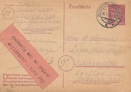 Zensur: Januar 1945: Duisburg nach Zwittau: Unzustellbar zur Zeit