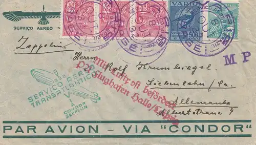 Zeppelin: 1932: Brief Brasilien nach Deutschland mit Luftschiff Halle/Leipzig