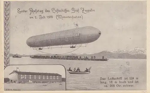 Ansichtskarte: Erster Aufstieg Luftschiff 1900, rücks. Befreiungsstempel Sudeten