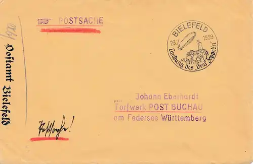 Lettre 1939 de Bielefeld: Tampon spécial atterrissage Comte Zeppelin