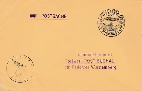 Lettre 1939 de Kassel: Tampon spécial atterrissage comte Zeppelin LZ 130