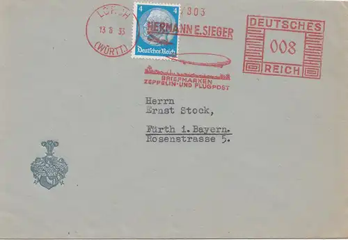 Sieger Brief 1933 aus Lorch mit Zeppelin im Freistempel