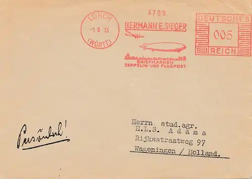 1933: Sieger Brief aus Lorch mit Zeppelin im Freistempel