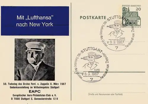 1967: timbre spécial Stuttgart: 50e anniversaire de la mort de Zeppelin - entier