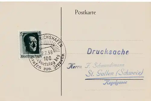 1938: Pour le centenaire du comte Zeppelin - Carte de la Friedrichshafen