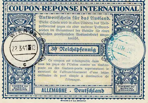 Bulletin de réponse international Vienne 1941. .
