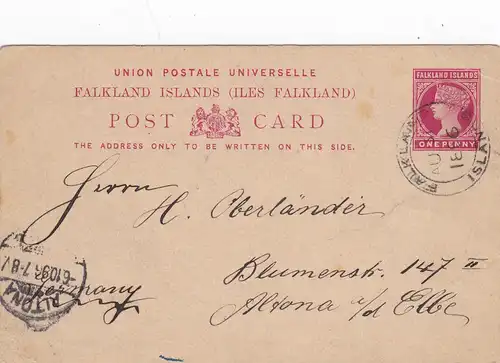 Postcard Falkland Islands/Port Stanley to Germany 1896