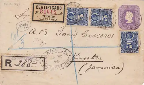 1898: Registered Letter from Chile to Jamaica/Valparaiso