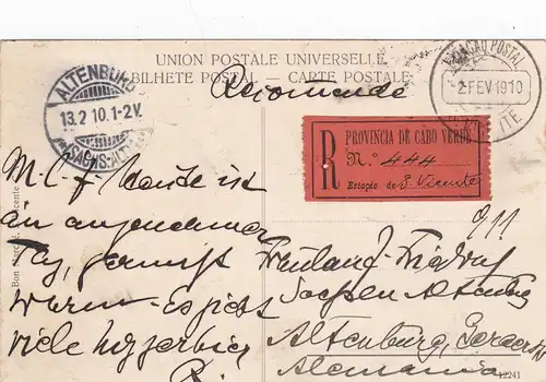 1910: Cabo Verde, Registered post card to Germany, St. Vicente