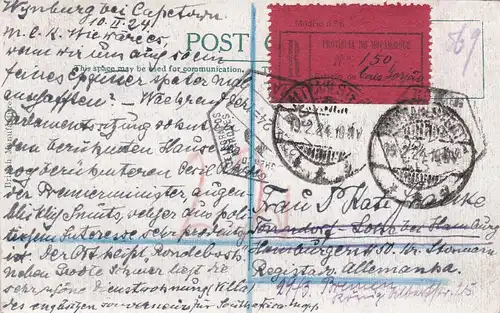 1924: Cape Town, Postal card, registered Mocambique to Germany