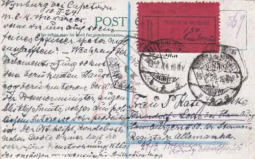 1924: Cape Town, postal card, registered Mocambique to Germany