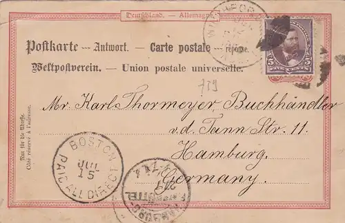 1890: Post card from Boston (paid all directions) to Hamburg/Germany
