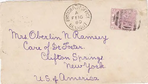 1880: letter British Post office Beyrout to New York