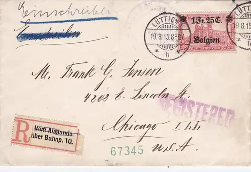 1915: Lettre recommandé Liège vers les États-Unis; numéro 8 EF
