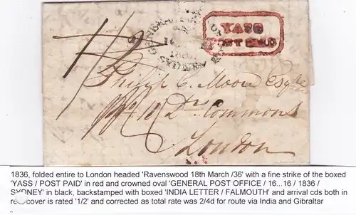 1836: Sydney to London, India Letter/Falmouth