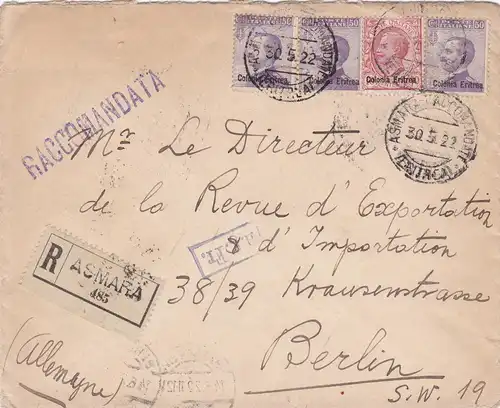 1922: registered letter from Asmara-Eritrea to Berlin (Italy)
