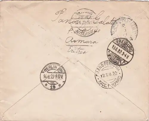 1922: registered letter from Asmara-Eritea to Berlin (Italie)