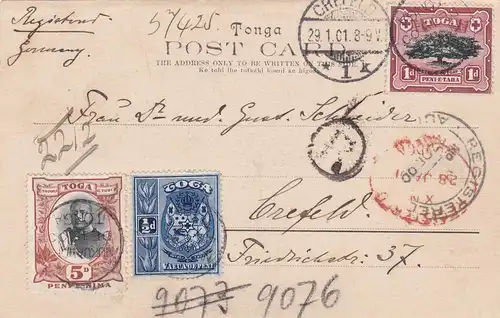 Tonga-Tabu 1901 to Crefeld/Germany, registered postcard, Toga