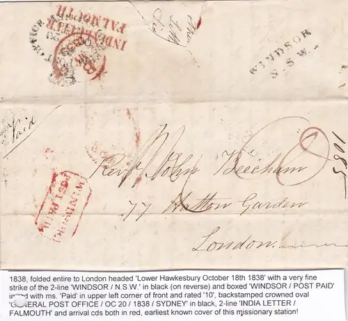 1838: Windsor N.S.W, Post paid, India Letter Falsmouth to London