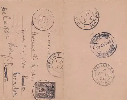 1896: France/Anna-Zanzibar, Durban, Port Natal to London