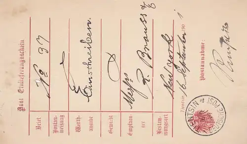 1901: Tientsin-Deutsche Post-Einlieferungsschein Einschreiben