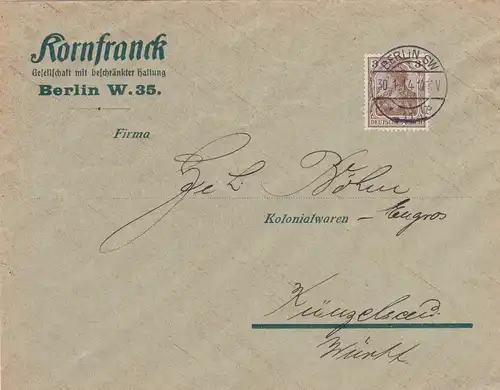 1914: Lettre de Berlin à Künzelsau-Koloniahlen,franciée par la machine à affranchir