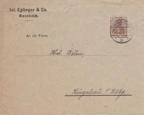 1914: Lettre de Mannheim à Künzelsau, affranchie par la machine à affûter