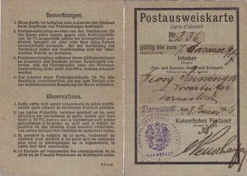 Postausweiskarte: Darmstadt 1916 - Germania Frankatur