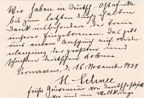 1931: Notiz: Pirmasens: H. Schnee, ex. Gouverneur 