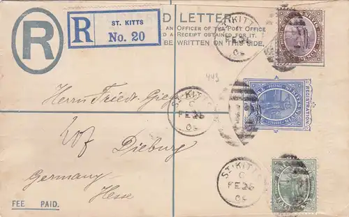 1909: St. Kitts - Registered card to Germany