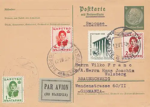 Bulgarie 1939: Carte de réponse complète- aéropost- Supplément