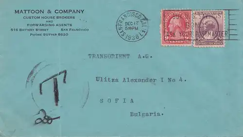 Bulgarie 1936: Lettre des États-Unis à Sofia/Tax, États‐Unis-Vignette Holiday Greetings