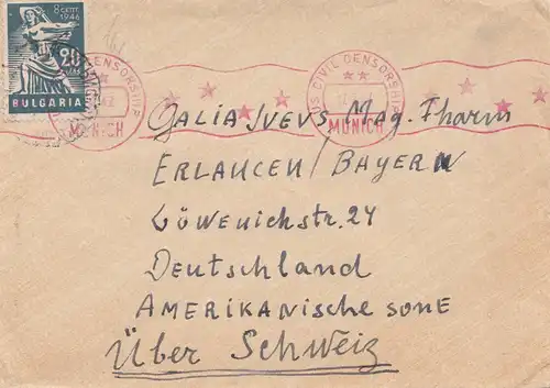 Bulgarie 1947: Lettre de Widinn à Erlangen sur la Suisse: Centre américain de la civilisation